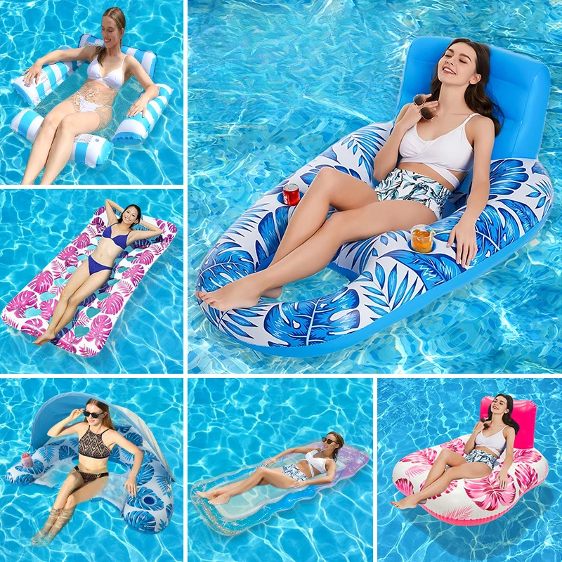 Summer Swim Foldable Striped Inflatable Lounge Hammock Stripe Swimming Pool Parties and Floating Mat Pool Toys Pool Inflatable