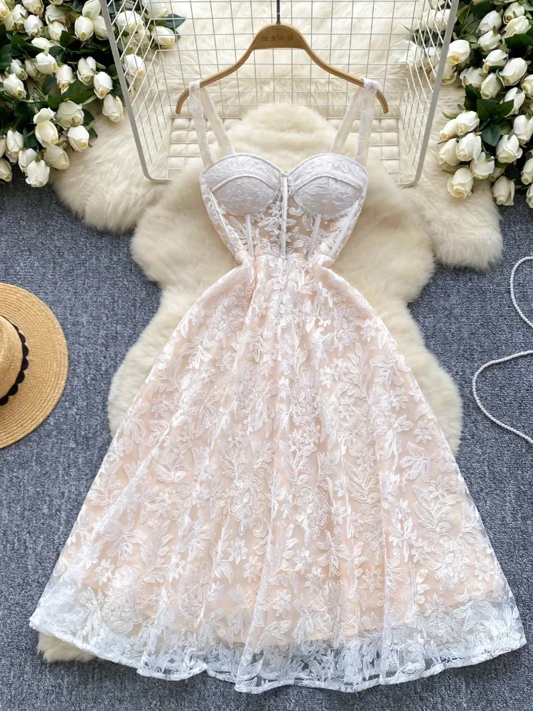 Women Sexy Hollow Out Party Club Embroidery Dress Ladies Formal Occasion Summer Fish Bone Splicing Strap Evening Vestidos Autumn