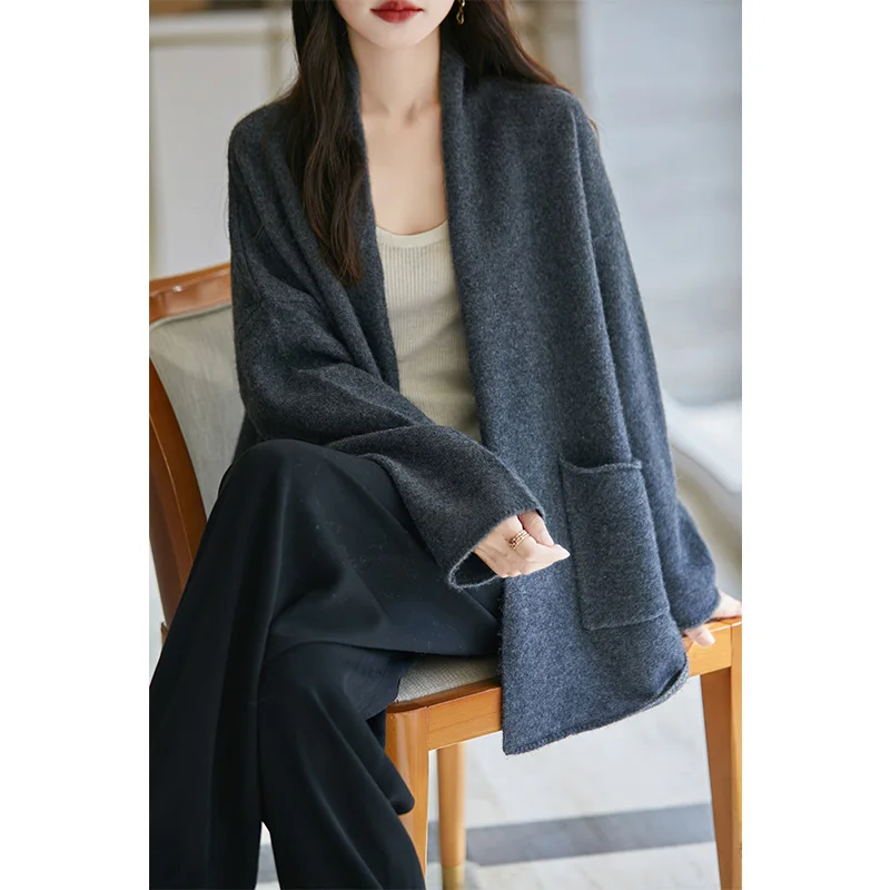 

Loose Wool Cardigan Women's Autumn Winter Solid Color Long Sleeved Buttonless Pocket French Fashion Knitted Long Top