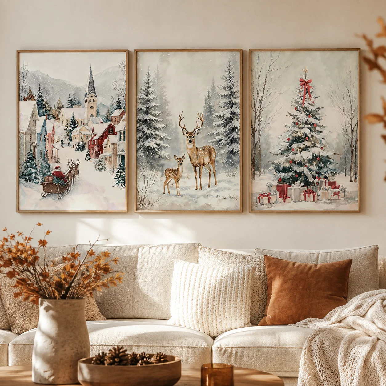 3PCS Vintage Christmas Town Canvas Wall Art, Santa Sleigh Reindeer Xmas Tree Prints,Suitable for Christmas, Room Decoration