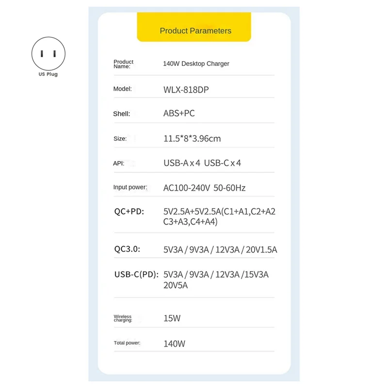 タイプCワイヤレスデスクトップ充電器,デジタルディスプレイ,急速充電,USプラグ,pd100w,qc3.0,140w