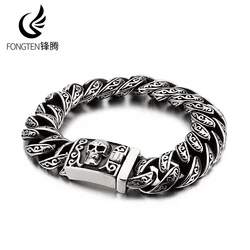 Fongten Gothic Skeleton Bracelet For Men Stainless Steel Cuban Chain Skull Male Bracelets Bangle Curb Jewelry
