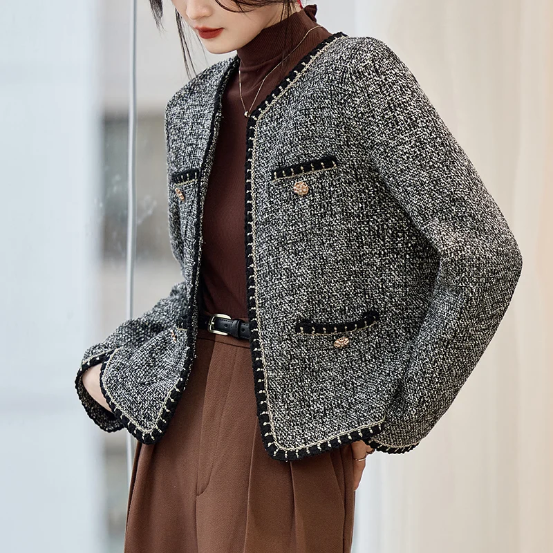 

2024 New Autumn Short Coat Women's Slim Fit Heavy Woolen Fabric Small Fragrance Style Long Sleeve round Neck Dark Color Jacket