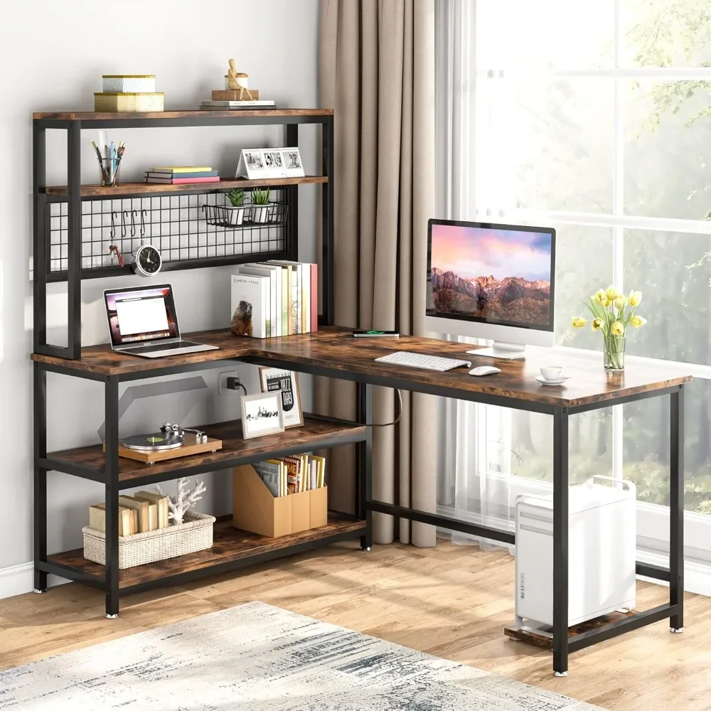 Large Computer Desk with Wireless Charging  Storage Shelves, Office Desk Study Table Writing Desk Workstation