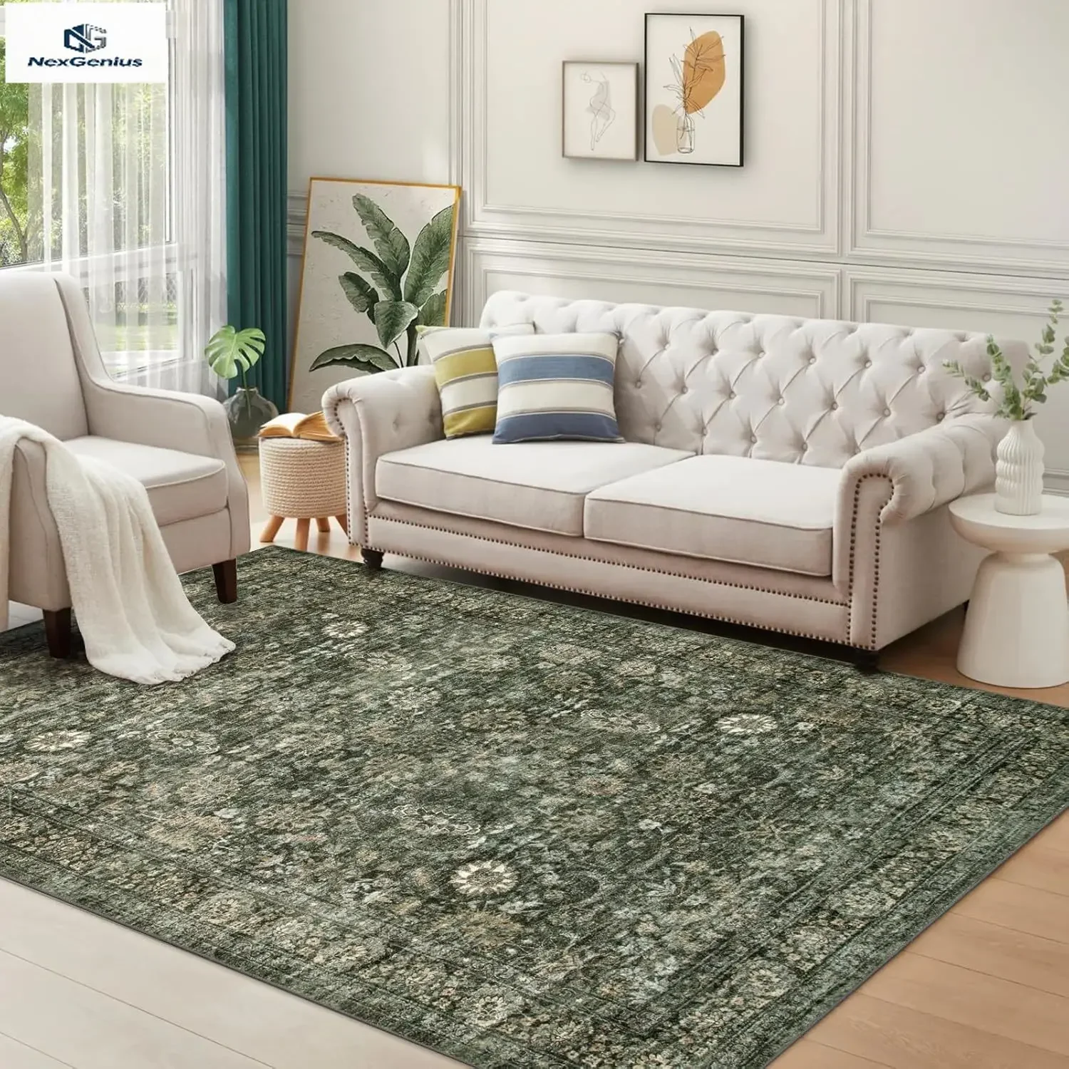 

Vintage Large Rugs for Living Room, Washable 8x10 Area Rugs Non Slip,Soft Dark Green Rug for Bedroom,Distressed Non-Shedding Thr