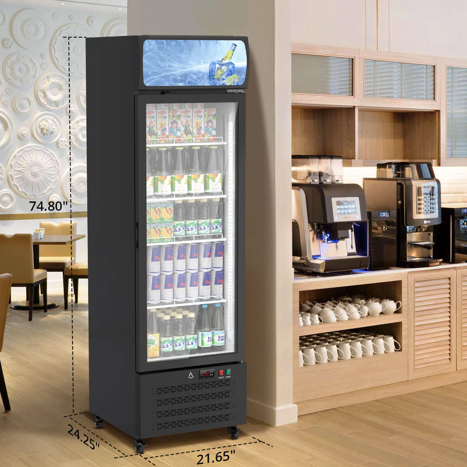 Commercial Refrigerators With Glass Door and Soft Led Light, Display Refrigerator Upright Fridge With 3 Adjustable Shelves