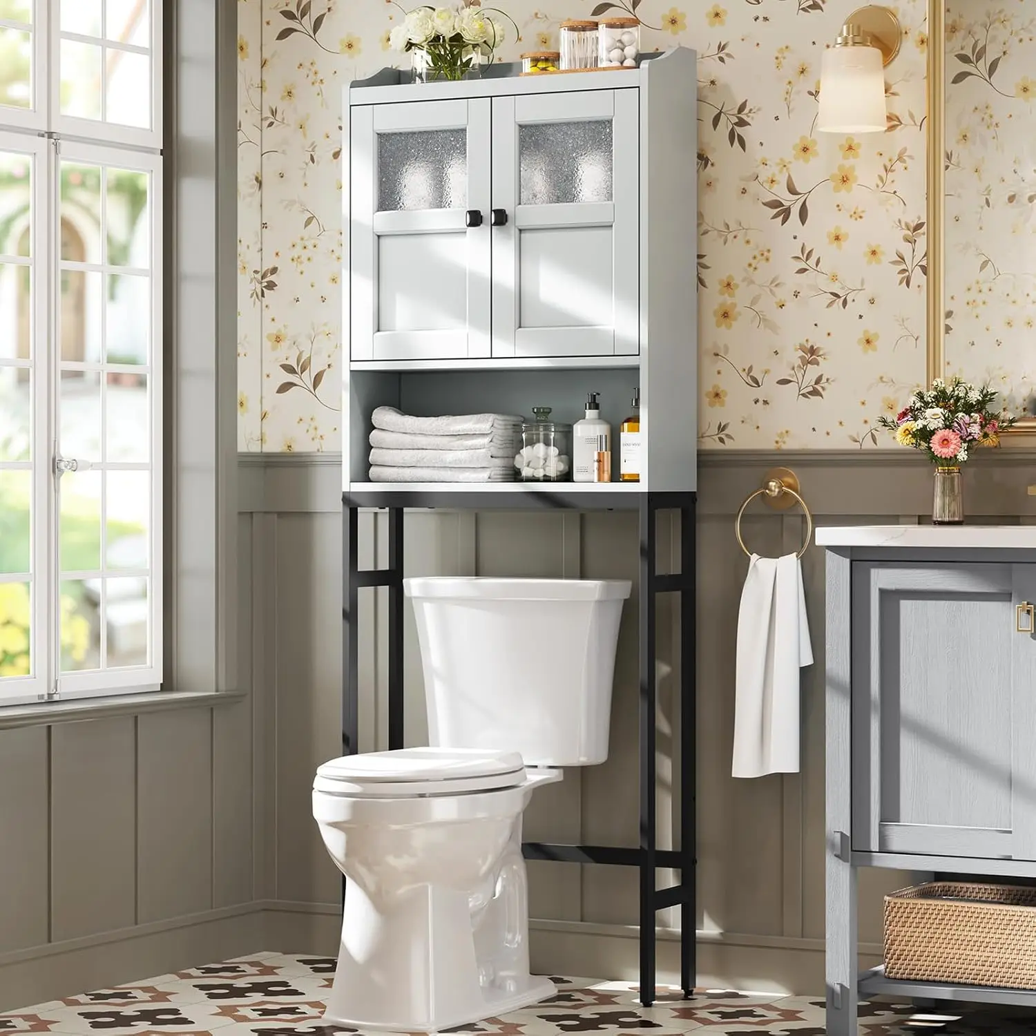 Toilet Storage Cabinet, Bathroom Organizer Over Storage, Double Doors Over The Storage Soft Hinges Above