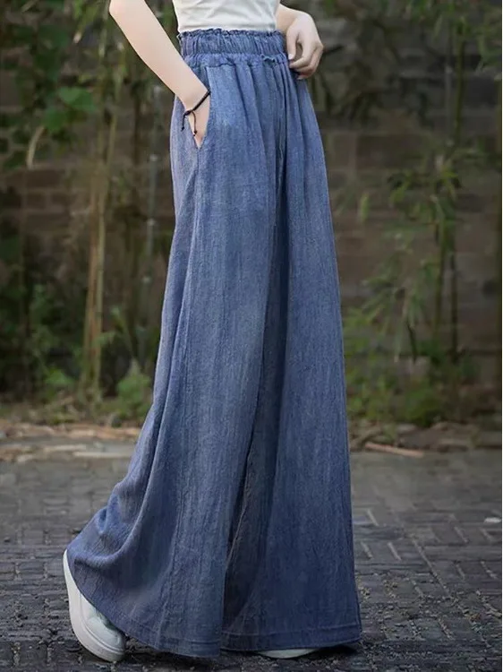 Handgefertigte, gefärbte Hose mit weitem Bein, hohe Taille, gerader Schnitt, lockere Passform, Freizeithose für Damen in Übergröße, Baumwollleinen, Frühling und Herbst