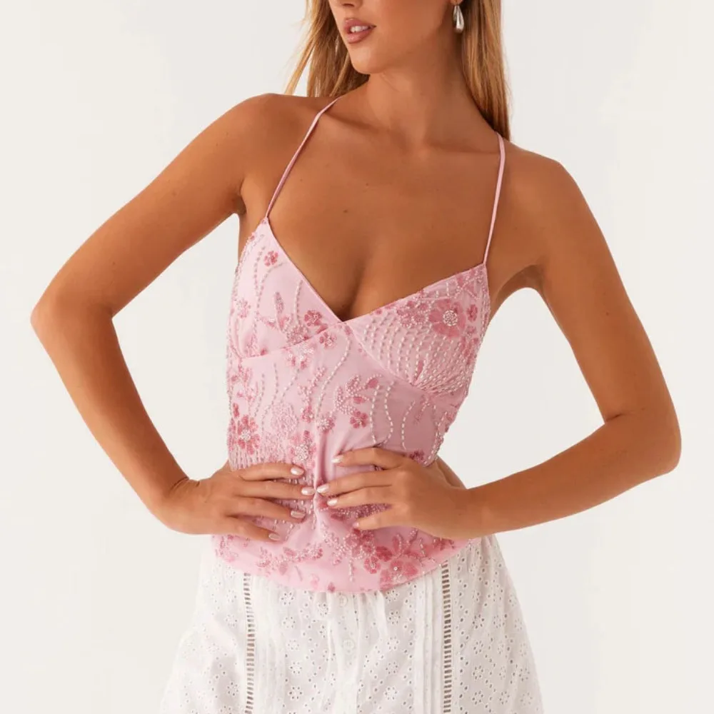

Sequin Sequin Halter Crop Tops Beaded V-neck Cut V Neck Camisole Flower Embroidered Glitter Pearl Embellished Cami Tops