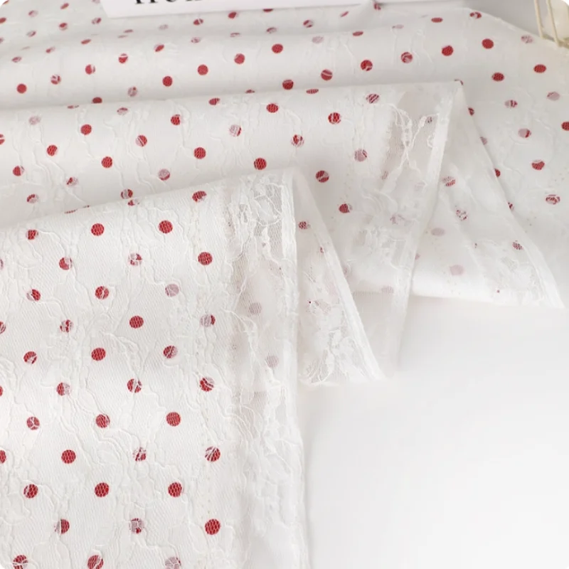 

Red polka dots polyester white fabric for clothing handmade diy lace fabric