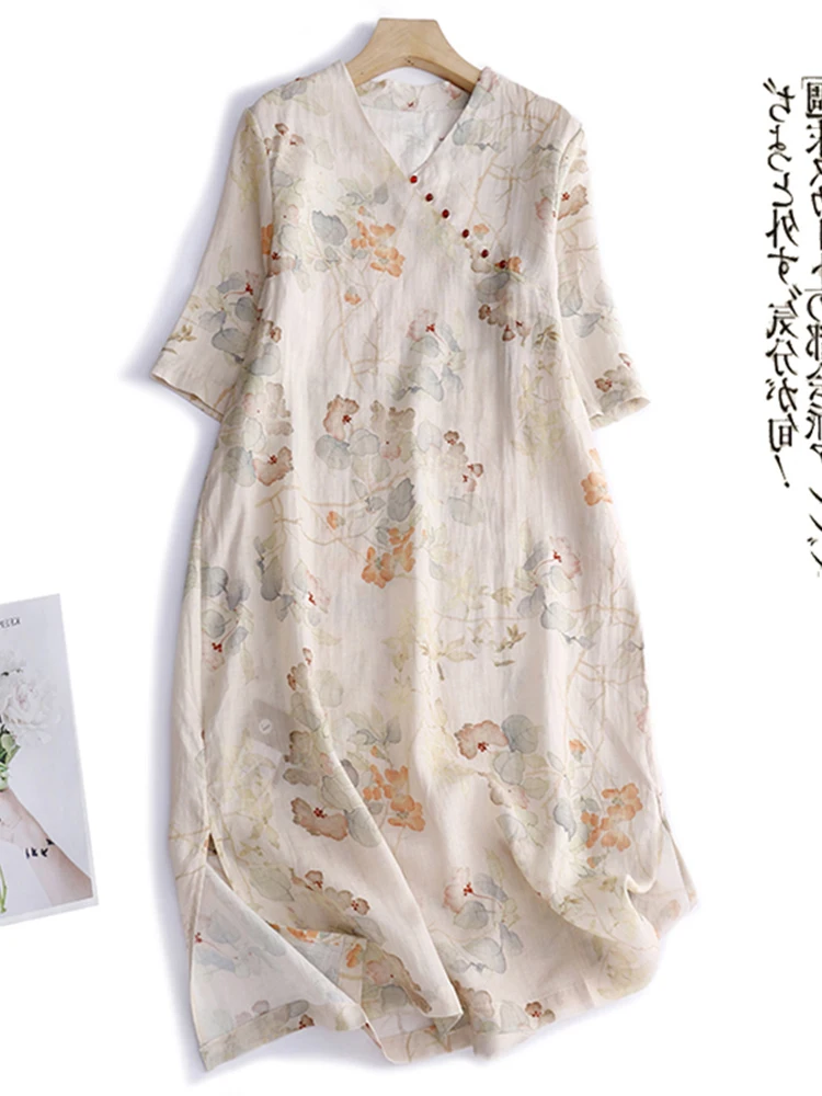 الرجعية الصينية Sle فضفاضة تناسب الخامس ن شق مطبوعة الكتان الدكتور زر اللؤلؤ الجانب زر f Sve ثوب الصيف ألف خط تنورة #1