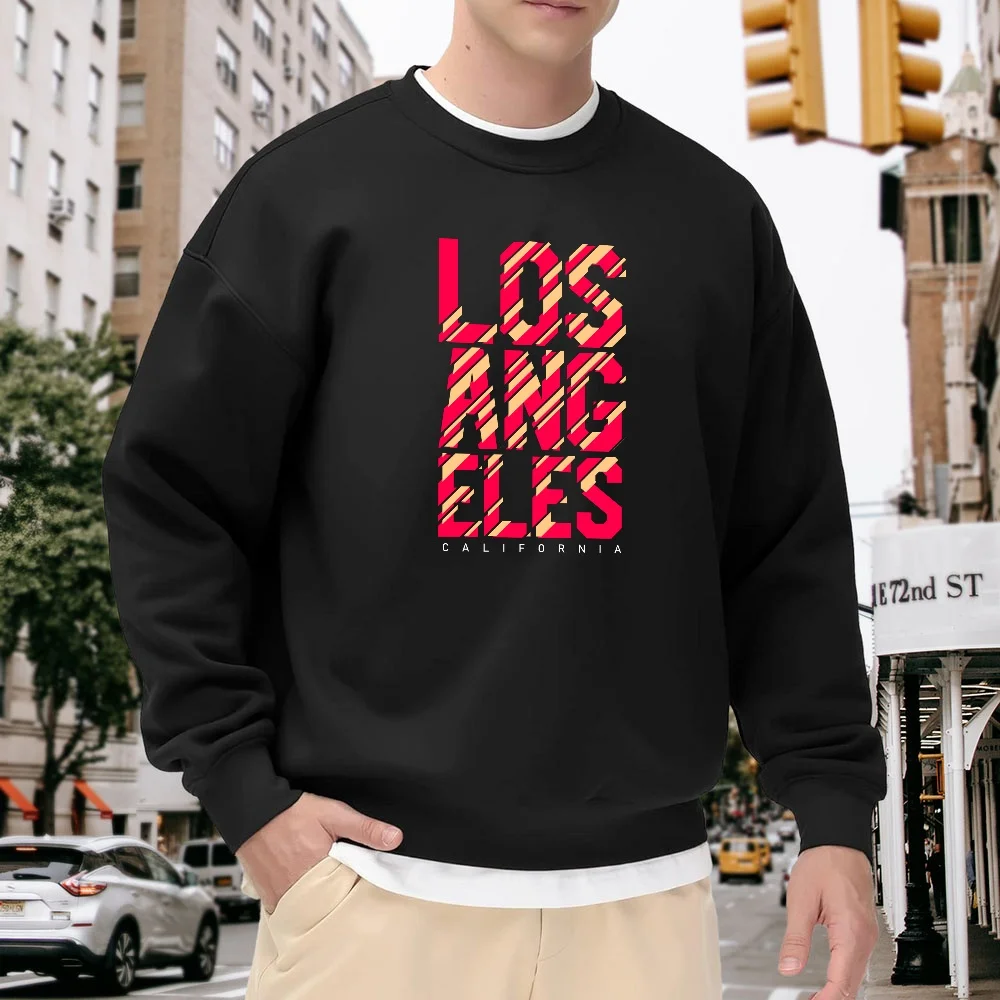 

Men's Black Crew Neck Loose Sweatshirt with Los Angeles Lettering Print, Casual Street Style Versatile Top, Soft and Comfortable, Suitable for Daily Wear and Sports