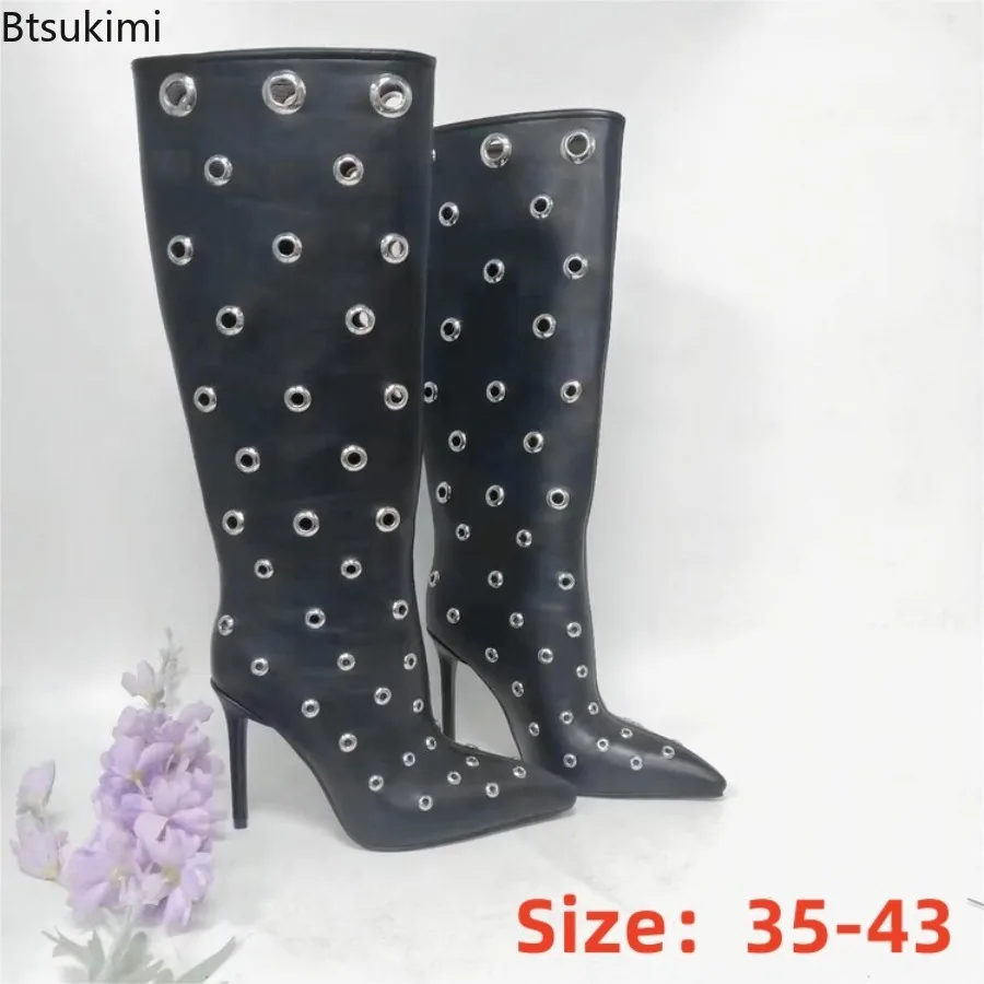 10cm Heel Pointed Ankle Boots Rivets Metal Circular Holes Summer Knee Boots High Top Breathable Versatile Cool Boots Woman Shoes