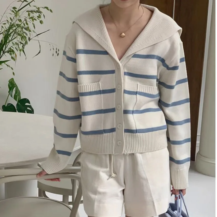 

Loose Knitted Cardigan Women's Faionable Striped Design Color Blo Navy Collar Casual Sle Long Sve Top for Ladies