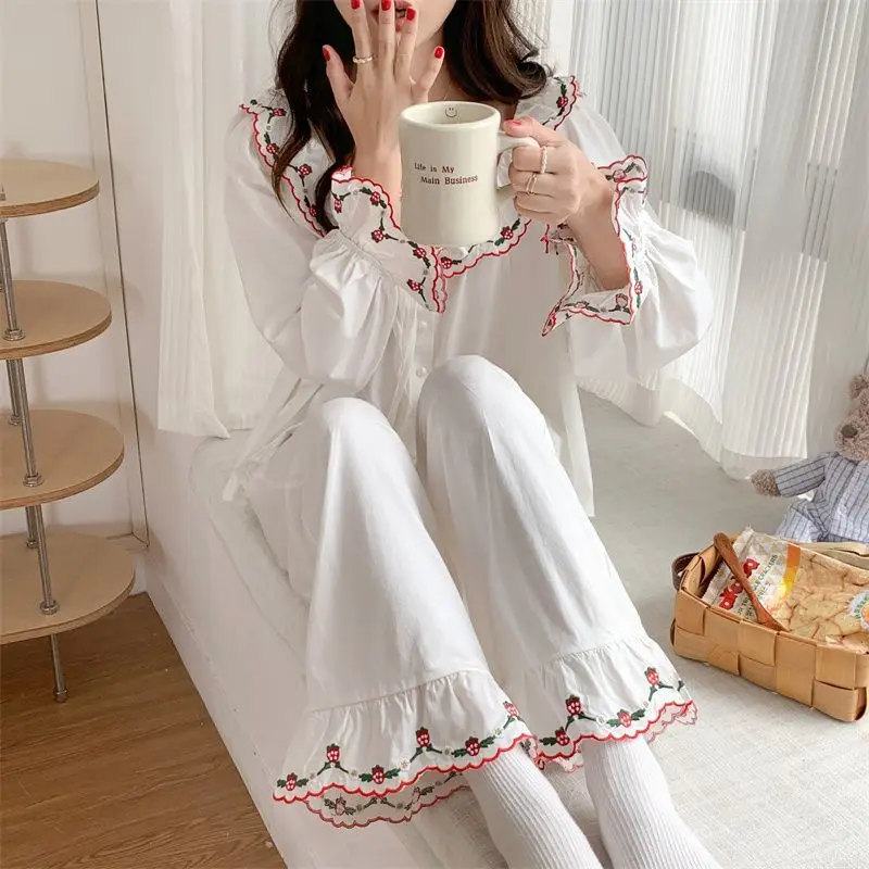 Pajama Sets Women Embroidery Retro Korean Style Lovely Baggy Sleepwear Student Ins Popular Hot Sale Trendy Harajuku Homewear New