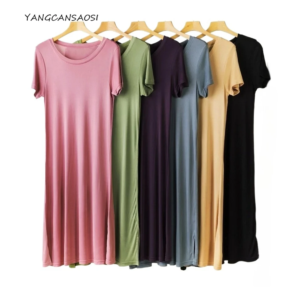 

2025 Women's Casual Comfortable Pajamas 23% Natural Mulberry Silk Solid Color Knee-length Round Neck Short Sleeve Bottomed Dress