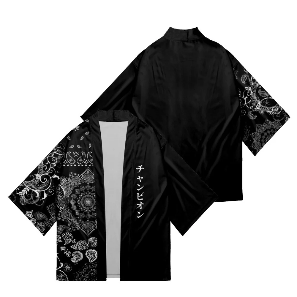 

Plus Size Summer Beach Yukata Asian Clothing Paisley Print Kimono Fashion Cosplay Haori Obi Women Men Black Cardigan Shirt