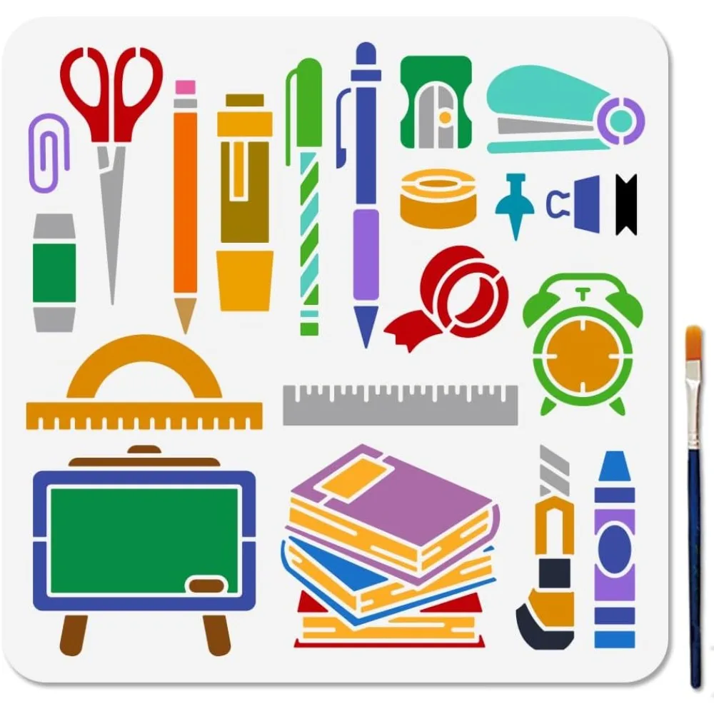 

Stationery Book Stencil for Painting 11.8×11.8inch Reusable Book Pen Supplies Stencil with Paint Brush Scissors Paperclip