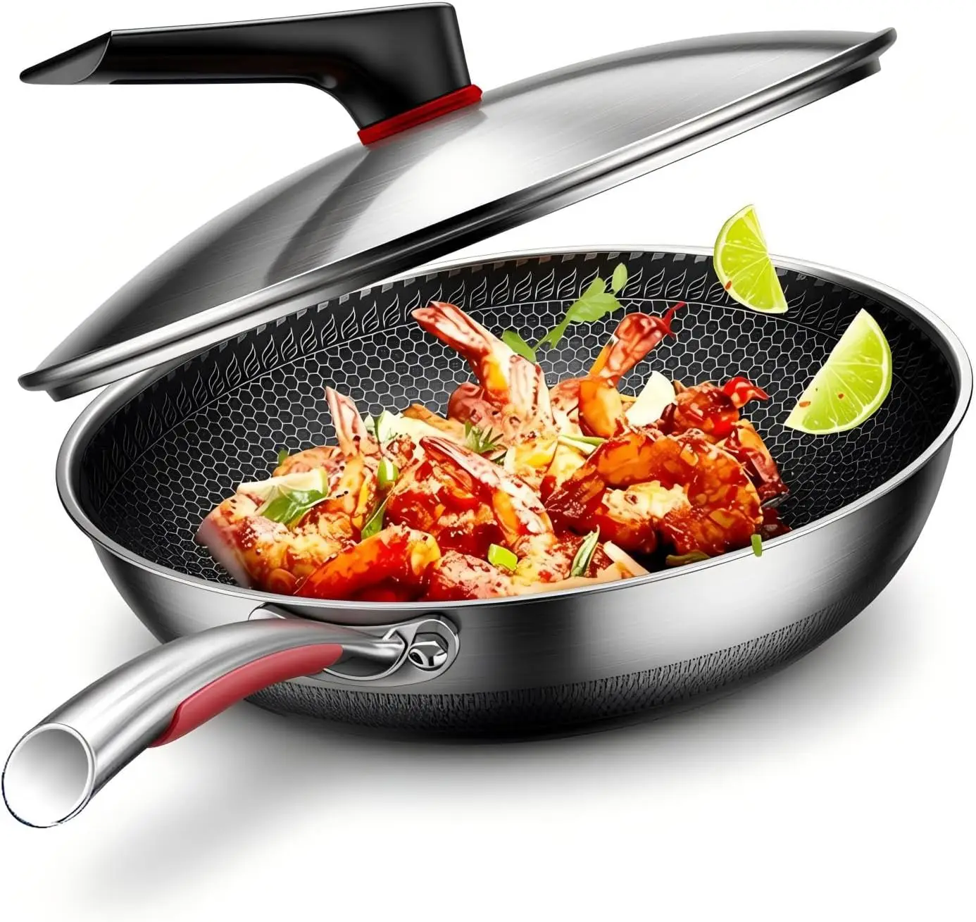 

12.6" Stainless Steel Nonstick Wok Pan with Lid-Honeycomb Stir-Fry Skillet for Gas,Induction Electric Stovetops - Dishwash