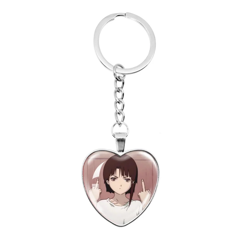 Experimentos en serie Lain llavero de corazón de cadena larga de cristal Dios del cableado Lain Iwakura mochila accesorios joyería Cosplay