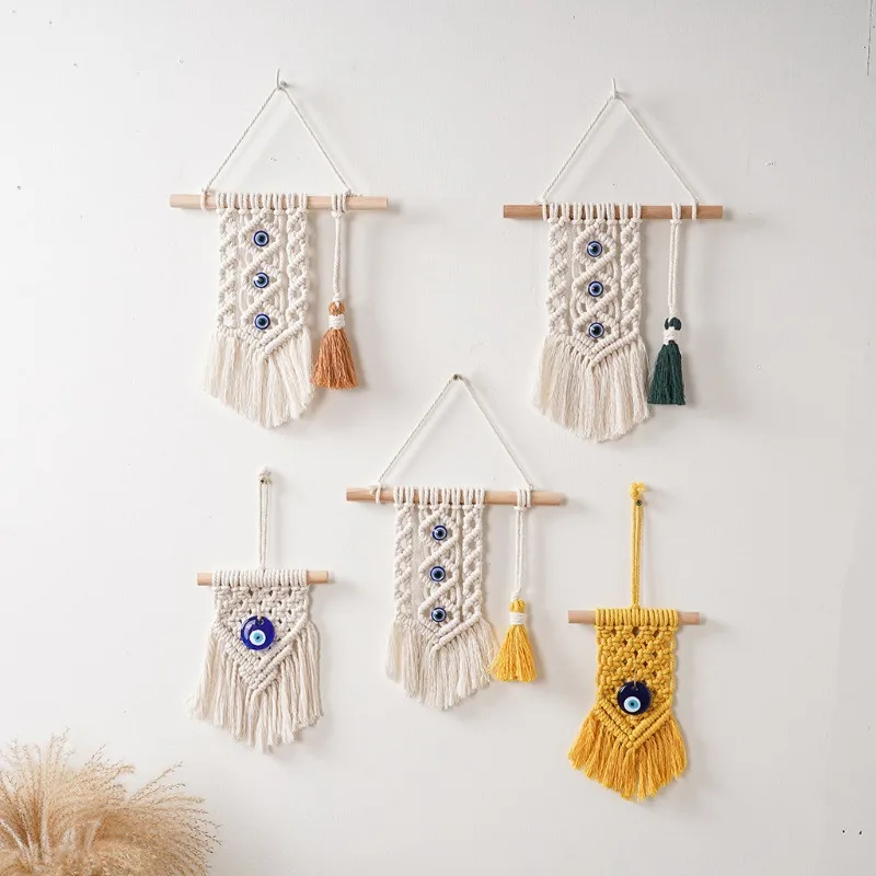Artisanal Fringe Weave Cotton Cord Nazar Amulet Miniature Wall Hanging Nursery Decor Photography Prop Creative Cotton Tapestries