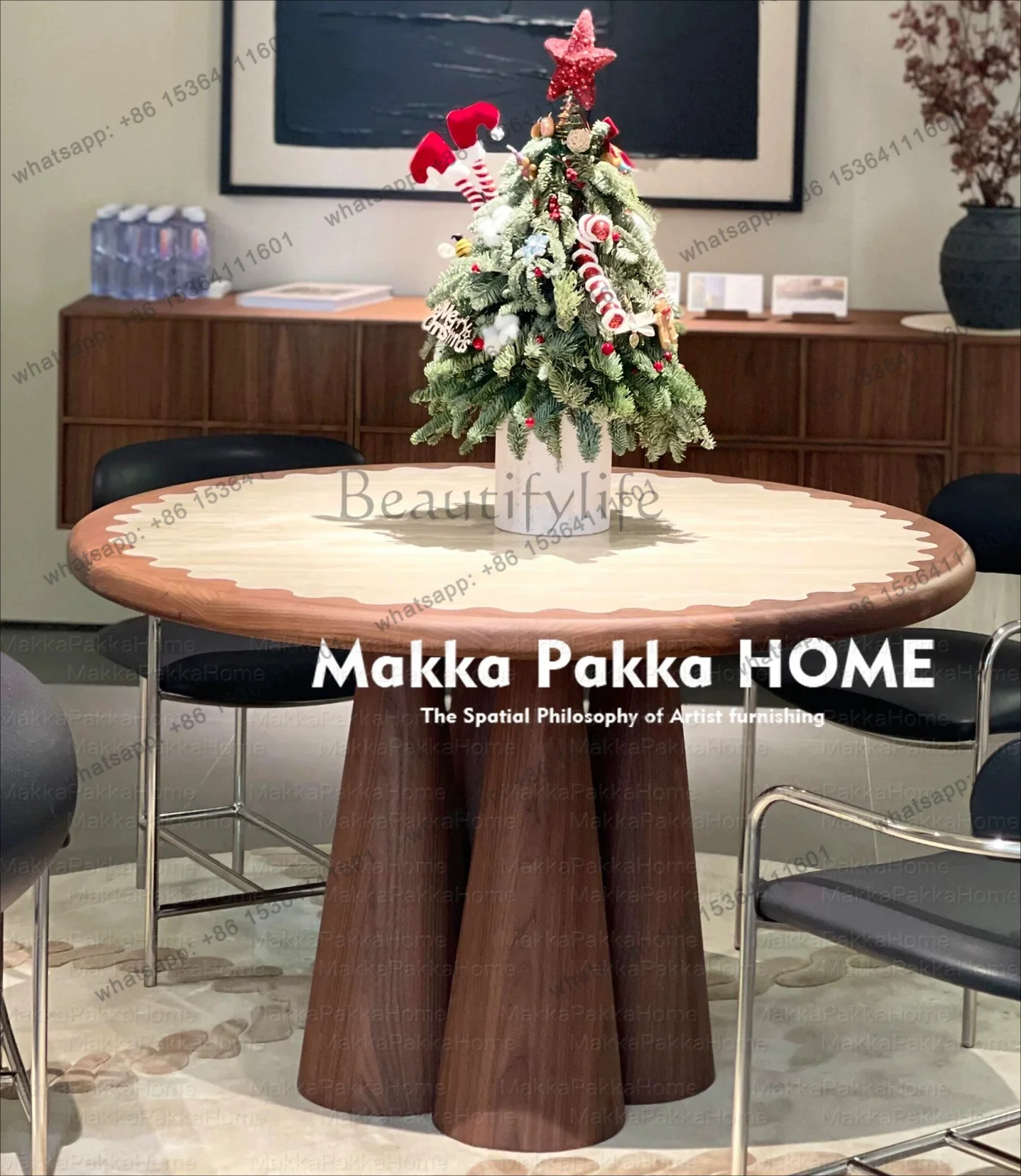 

LS medieval wabi sand travertine round solid wood dining table designer creative retro style walnut color