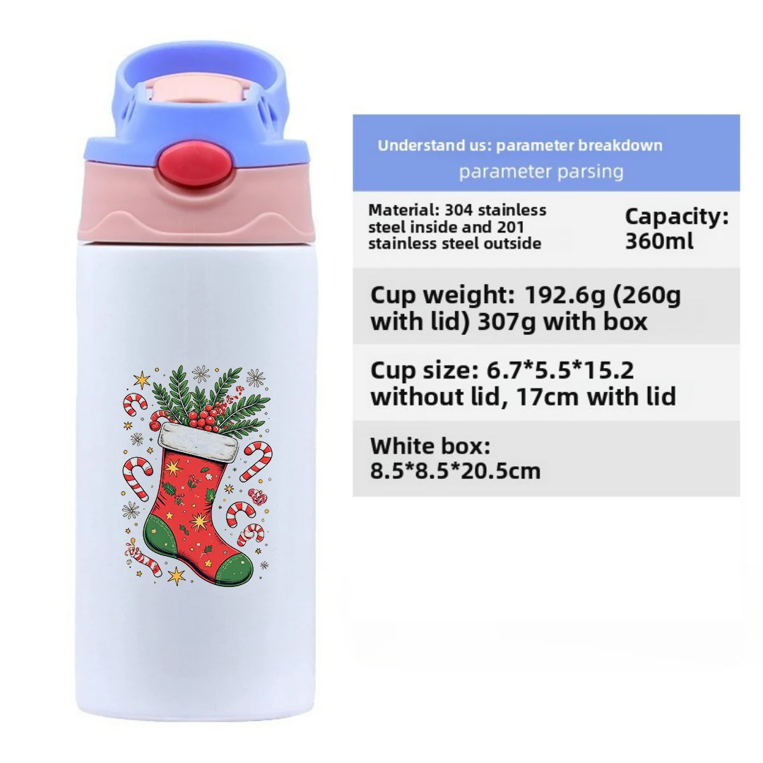 Thermische beker van roestvrij staal 304, cartoon kerstsok, thermische beker, strobeker voor kinderen, kerstcadeauset Insula