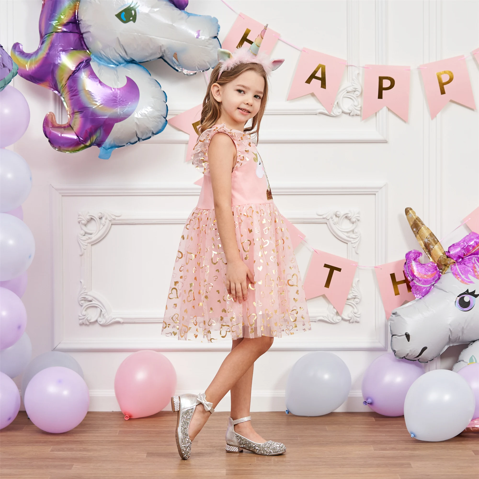 Einhorn kleid für Mädchen: neues ärmelloses besticktes Party kleid für Kinder im Frühjahr/Sommer sh1696 – Detail 4