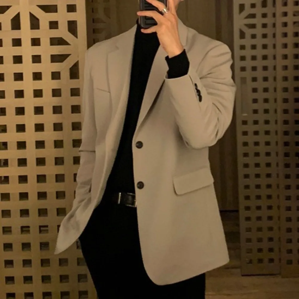 Men's Solid Color Suit Jacket with Long Sleeves Lapel and Korean Styled Loose Office Commute or Weekend Outings