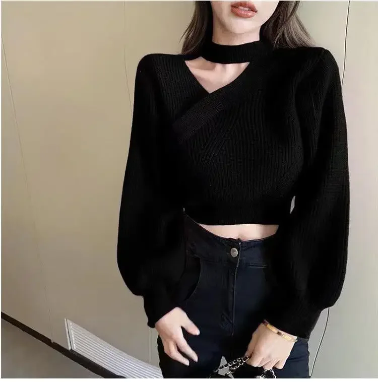 Neckline Sexy Atmosphere Sense Sweater Women Autumn Winter 2024 New Solid Color Careful Machine Hollowed-out Clavicle Knit Top