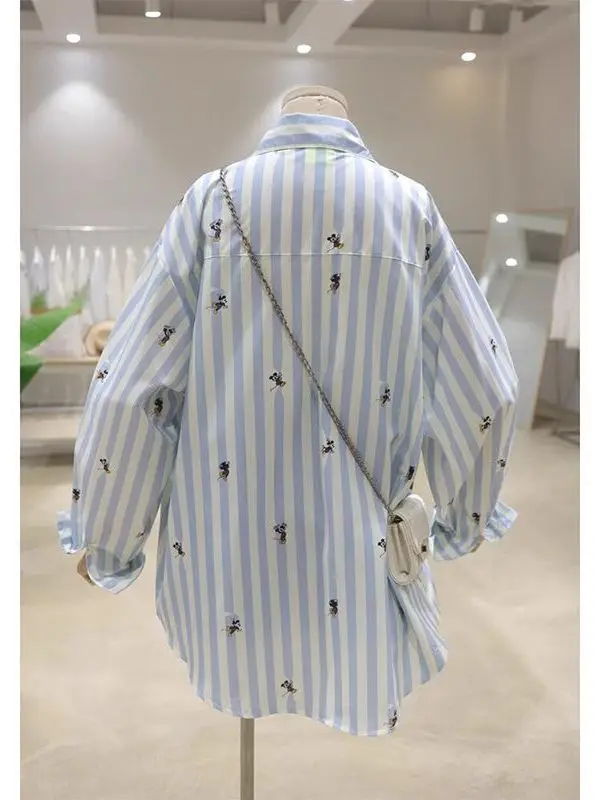 Extra Large 300 Pou Cartoon Embroidery Loose Striped Women's irt Trendy  Collar Breathable Cotton Polyester Blend