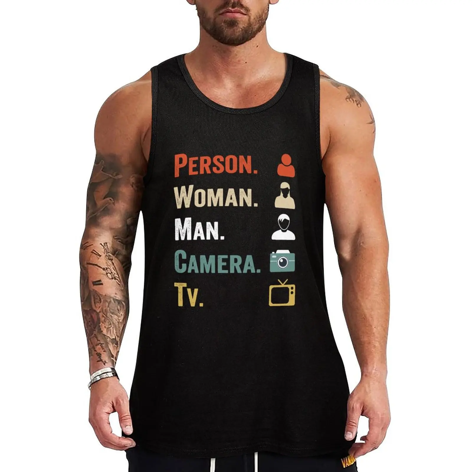 

Person woman man camera Tv Tank Top Dry Fit Athletic Tank Top Sleeveless Gym Workout Shirt