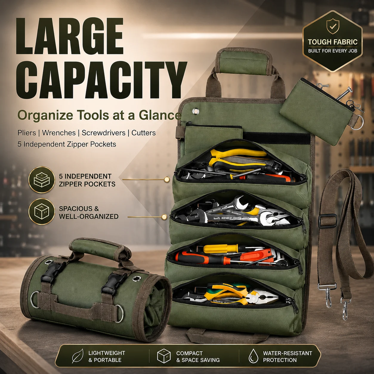 Multi-Purpose Tool Bag, Roll Up Multi Pocket Hardware Tool Pouch for Repair, Portable Small Tools Organizer Bag