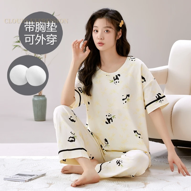 Summer Nightwear Pjs Young Women's Pajama Sets Bust-Padded Pyjamas Femme Cute Panda Sleepwear Loungewear Pijama Mujer Homewear