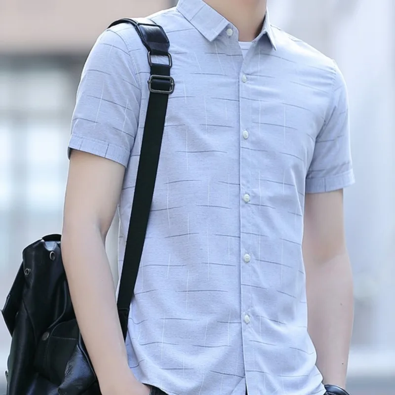 Summer Business Cotton Man Short Sleeve Khaki Blue Green Button-down Collar T Shirt Plaid Printed Fit Male Social Casual Shirts