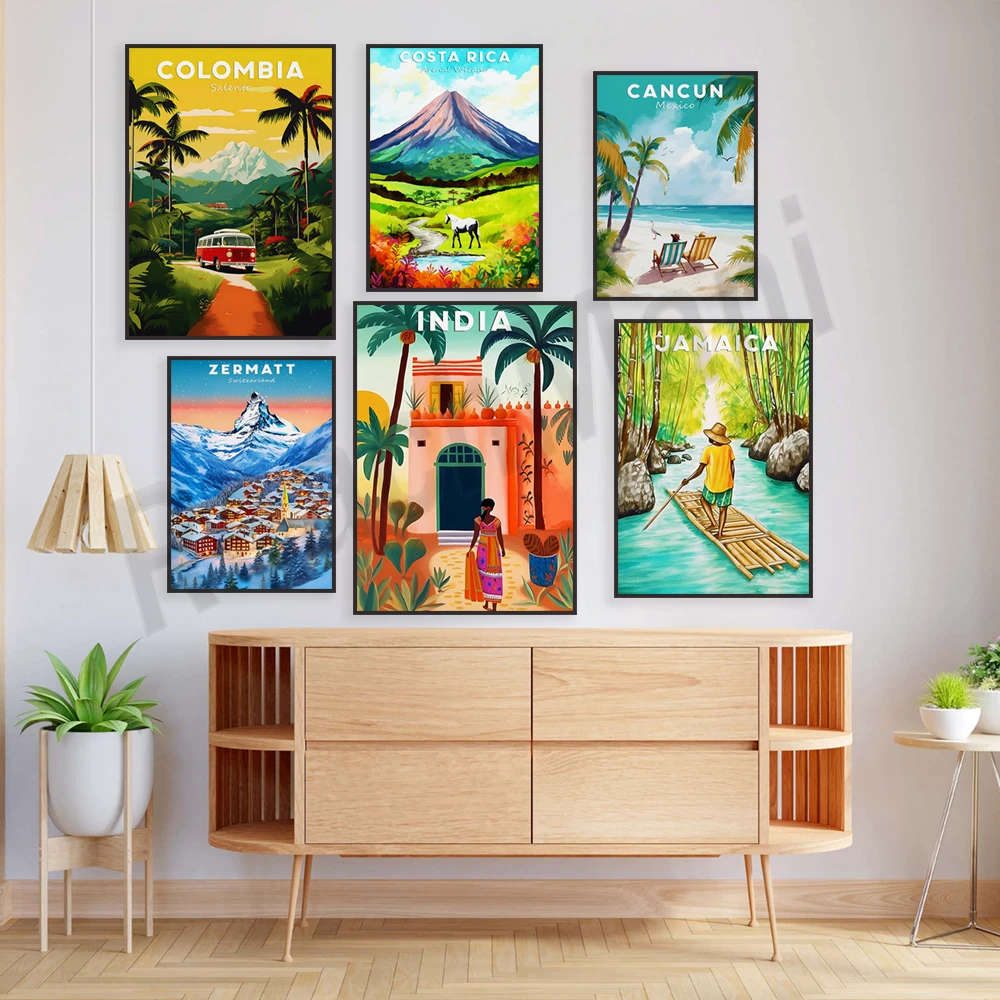 Barbados, Aruba, Koh Samui, Windward Islands, Caribbean Sea, Lake Bled, India, Jamaica, Switzerland snow scenery travel poster