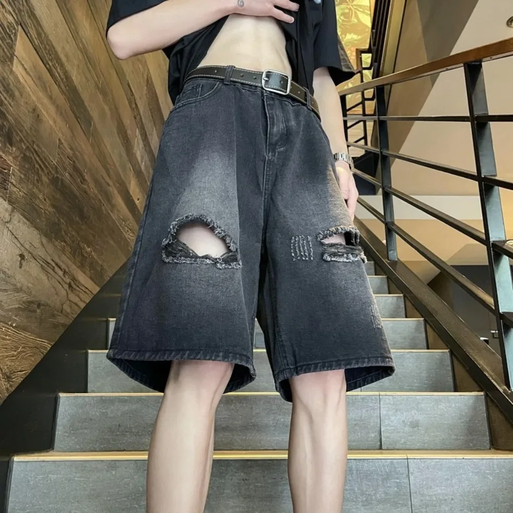 Verão estilo fino shorts jeans masculino baggy em linha reta moda cintura elástica calças de brim curtas coreano streetwear joelho shorts masculino