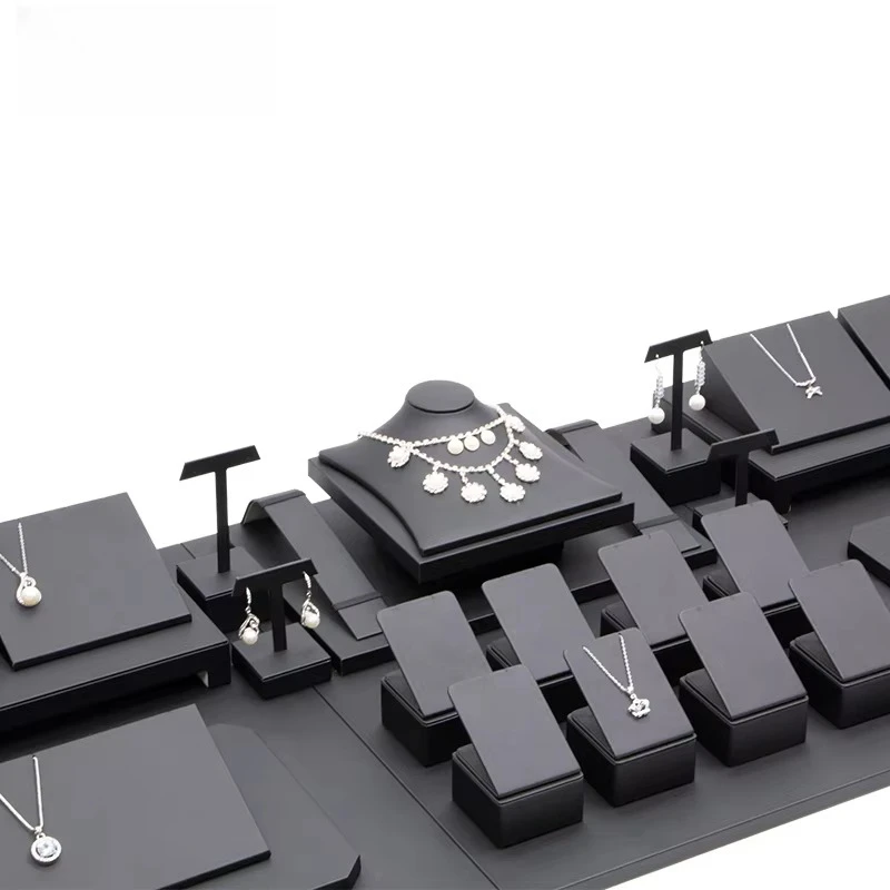 Deluxe PU Leather Metal Jewelry Display Stand Set Ring Necklace Stand Counter Window Rack High Jewelry Container