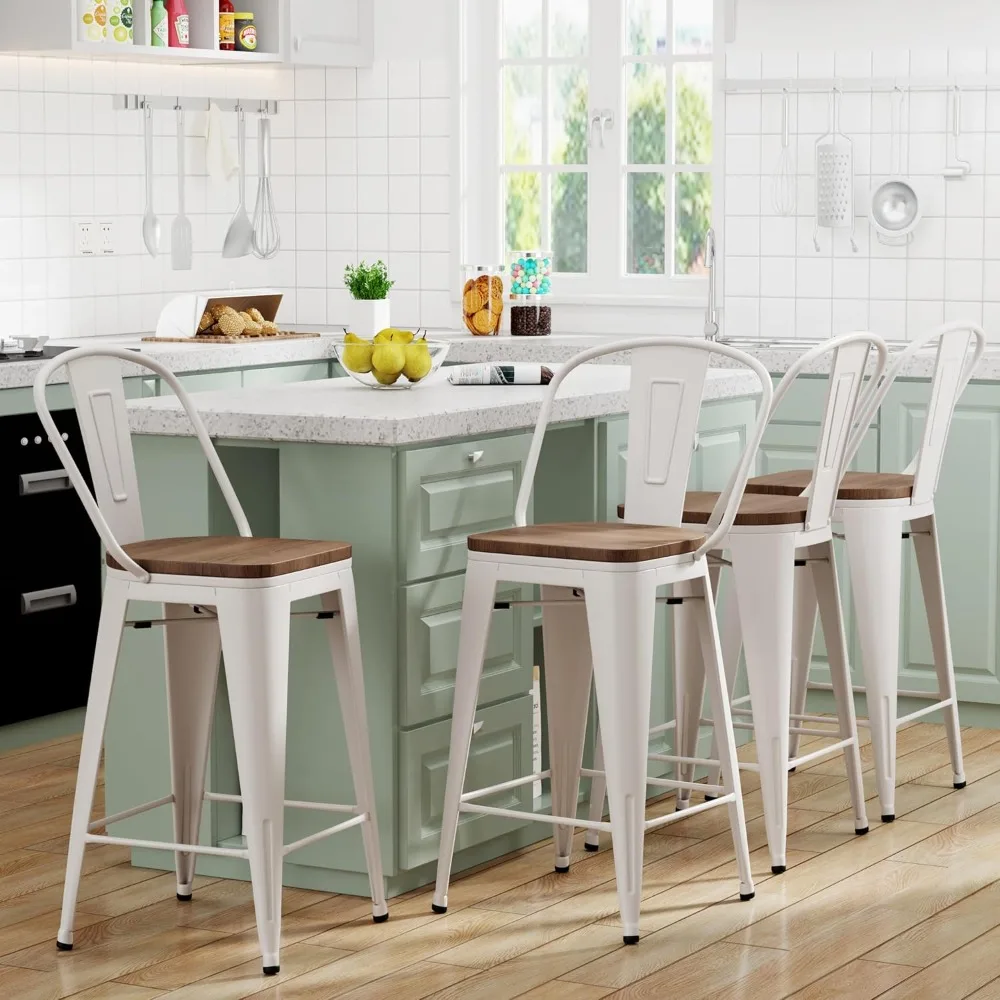 

24" Bar Stools Set of 4 Farmhouse High Back Counter Height Kitchen Bar Chairs Metal Barstools with Wooden Seat Cream White