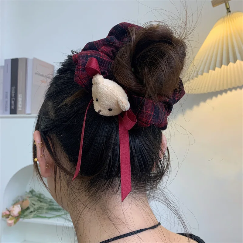 New Design Cute Plaid Fleece Hair Circle Bear Button Elastic Colon Hair Bands Circle Hair Ties Girl Clip Accessories For Women