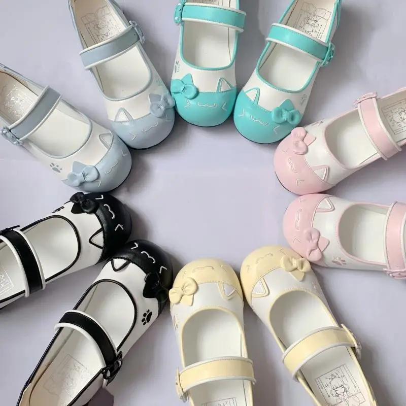 

Japanese Womens Lolita Shoes Cute Simple Bow Round Head Mary Jane Shoes One-word Buckle with Cute Girl Color Scheme Flats