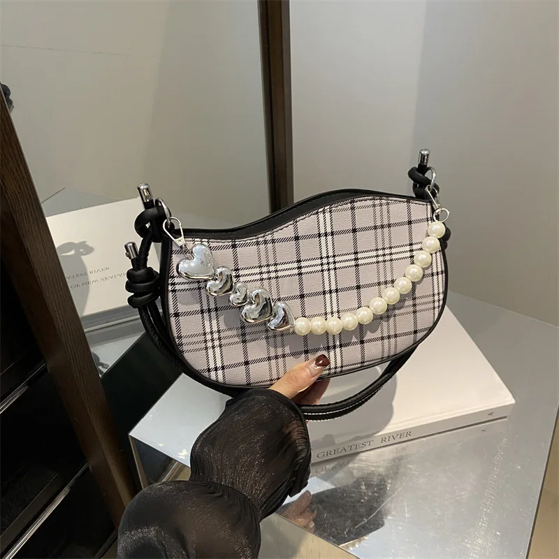 

2025 Trendy Checkered Shoulder Bag for Women Unique Pearl Strap Small Square Purse Chic Vintage Aesthetic Underarm Bag