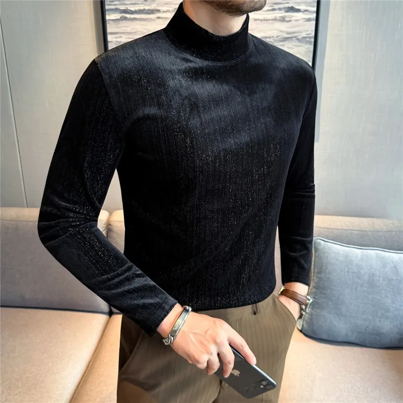 Men Velvet Striped T-shirt Warm Thickened 2025 Autumn Winter Solid Color Casual Long Sleeve Half High Neck T-shirt Men Clothing