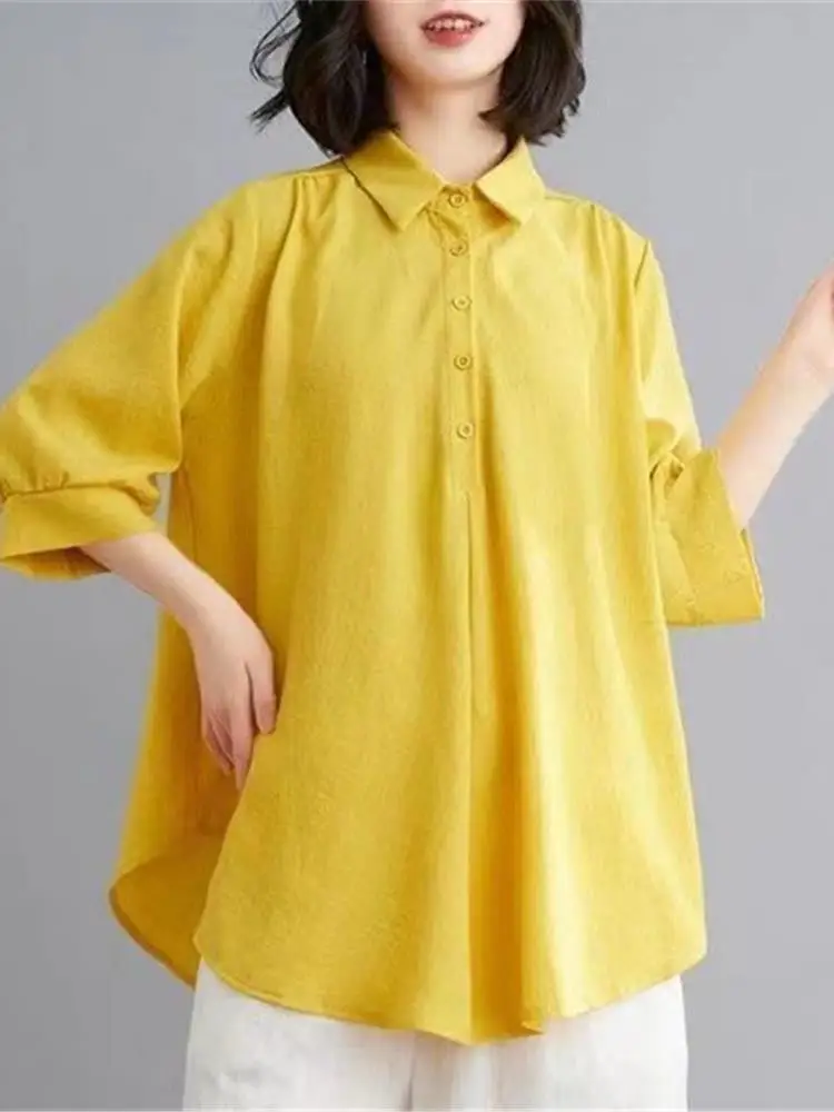 Ladies Loose Fit Mid-Length Shirt Five-Quarter Sleeve Commute Friendly Casual Shirt Summer Outerwear Polyester Fiber