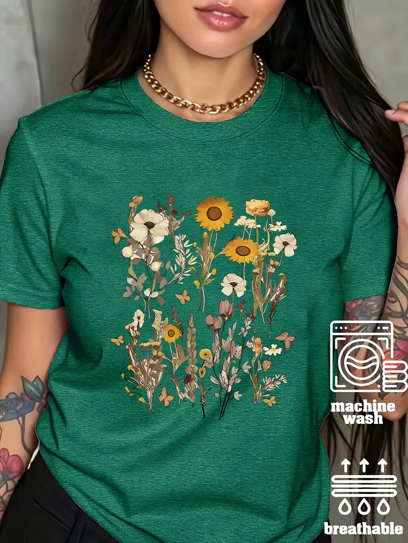 Elegant T-shirt Ladies Casual Short Sleeve Tee Flowers Botanical Graphic Tshirt Crewneck Soft Tops for Summer Daily Outfit Women