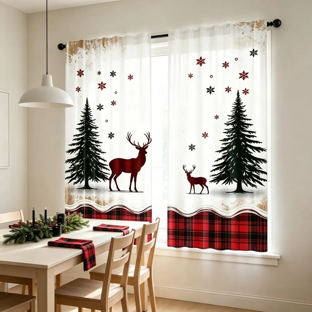2PCS Christmas Winter Curtains, Vintage Reindeer Tree Snowflake Plaid Winter, Digital Print, Bedroom Living Room, Home Decor