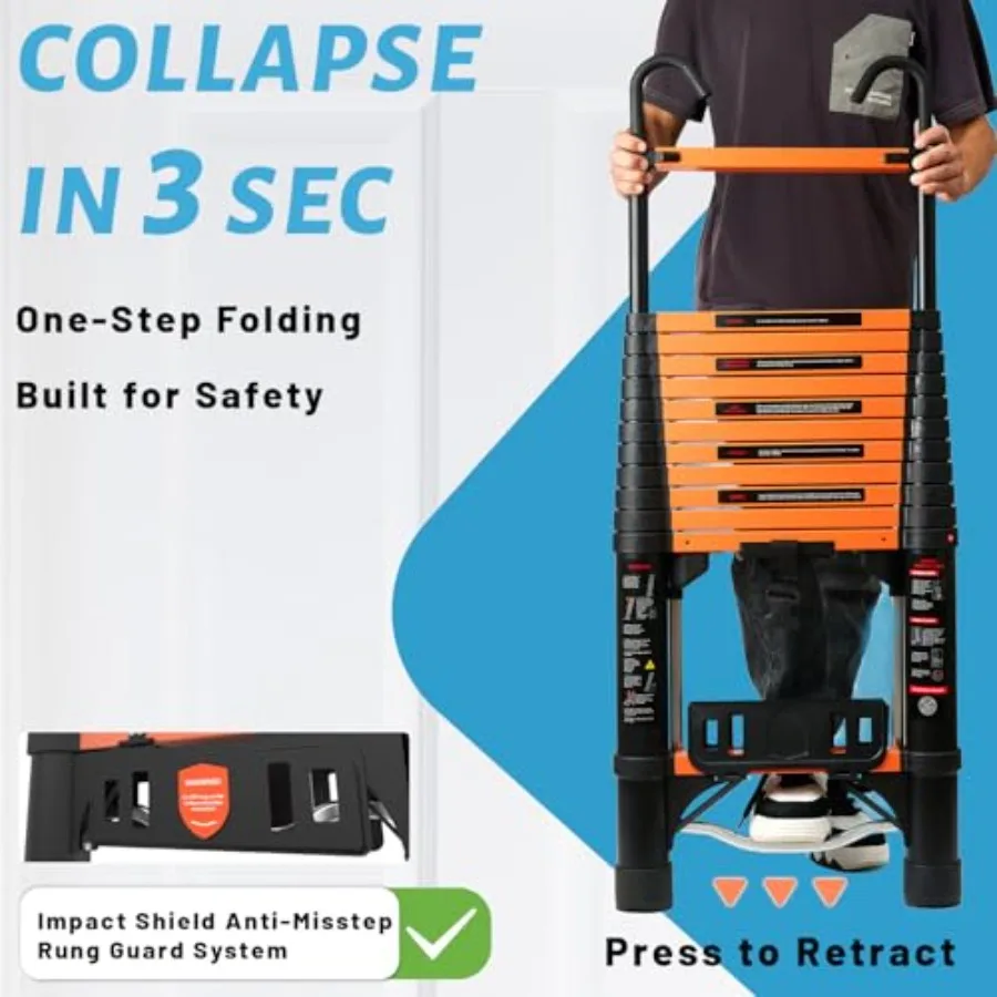 Telescoping Ladder 12.5FT Extension Ladder One-Step Collapsible Aluminum Ladder for RV Home Outdoor 330lbs Max Capacity