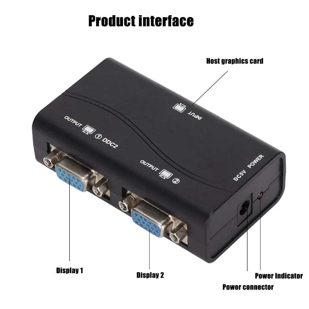 

1 in 2 Out VGA Splitter 250MHz 1920x1440 1080P VGA Splitter Amplifier USB Powered Video Distribution Duplicator Laptop