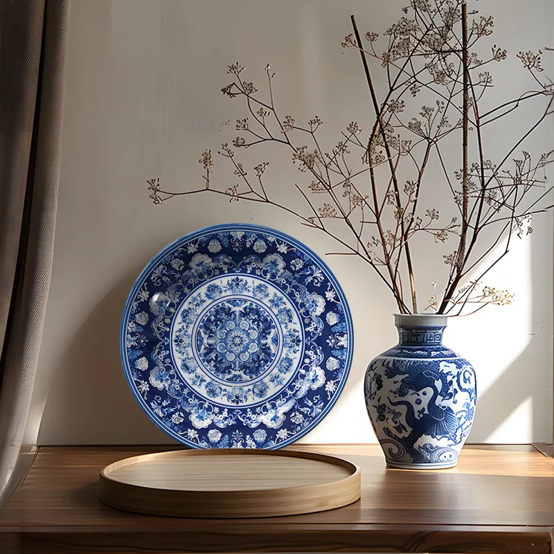 1pcElegant Blue and White Ceramic Decorative Plate - Vintage Floral Wall Art Hanging Dish for Home DecorFor home, living room,