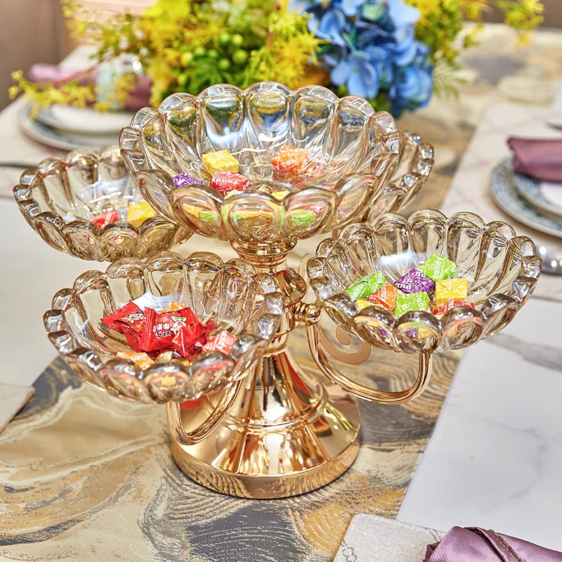 Home, living room, coffee table, dining table, dry fruit tray, double-layer 5-grid crystal glass metal decorative fruit basket